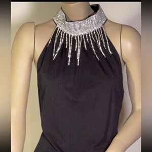 INC International Concepts Halter Top Rhinestone Collar Silver Black Medium